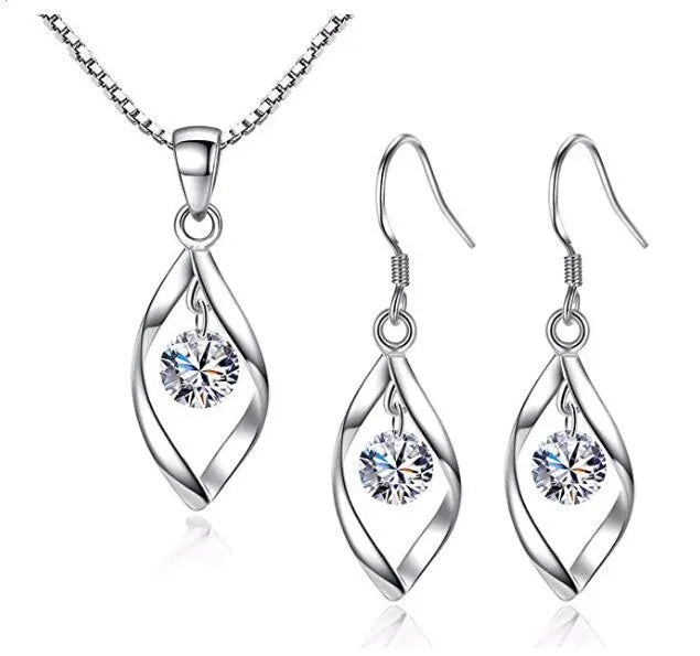 3PCS Twisted Glass Diamond Jewelry Set for Women – Necklace & Earrings with Venice Chain | Elegant Imitation White Gold Color Gift Set