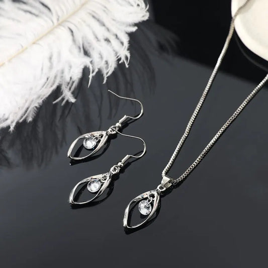 3PCS Twisted Glass Diamond Jewelry Set for Women – Necklace & Earrings with Venice Chain | Elegant Imitation White Gold Color Gift Set