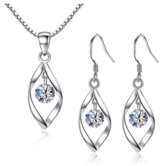 3PCS Twisted Glass Diamond Jewelry Set for Women – Necklace & Earrings with Venice Chain | Elegant Imitation White Gold Color Gift Set