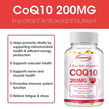 Coenzyme Q10 200mg Capsules – Cardiovascular & Heart Health Support, Natural Energy & Joint Care Supplement - Foshkan.com