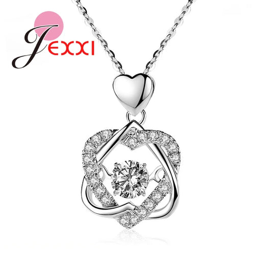 Women’s 925 Sterling Silver Two Hearts Intertwined Necklace – Cubic Zirconia Pendant & Chain