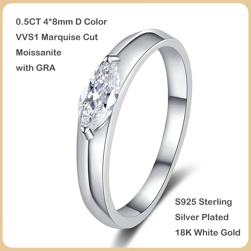 EWYA 0.5CT Marquise Cut Moissanite Ring for Women | S925 Sterling Silver Diamond Wedding Band - Foshkan.com