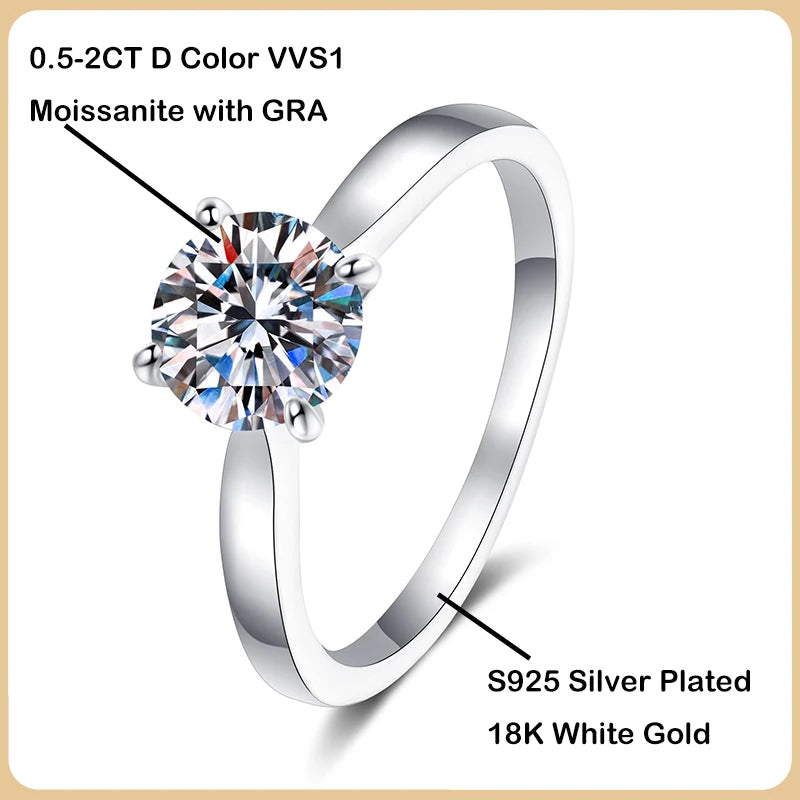 EWYA Classic D Color 4 Prong 0.5-2CT Moissanite Rings For Women Fine Jewelry S925 Sterling Silver Diamond Ring Wedding Band Gift - Foshkan.com